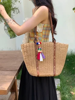 Elena Handbags Beach Straw Woven Tote Bag