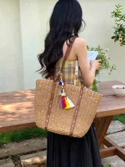 Elena Handbags Beach Straw Woven Tote Bag