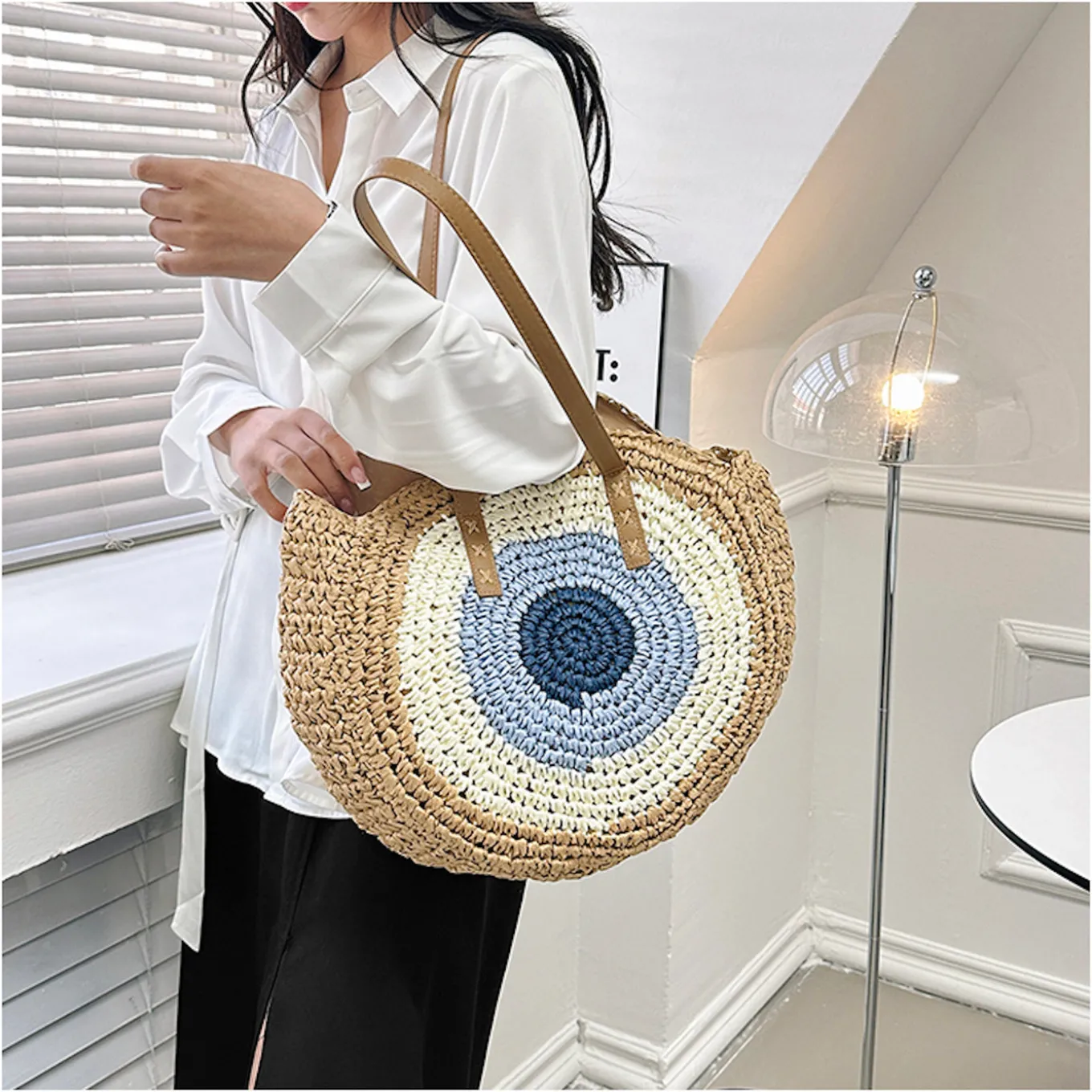 Elena Handbags Boho Round Beach Straw Tote