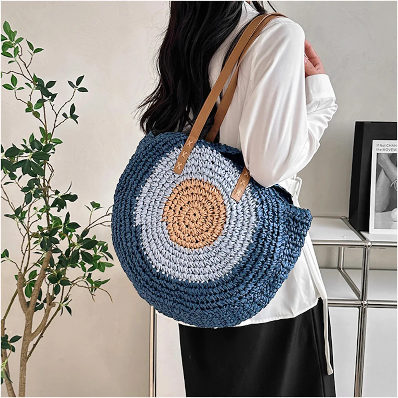 Elena Handbags Boho Round Beach Straw Tote