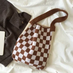 Elena Handbags Checkered Cotton Knitted Shoulder Bag