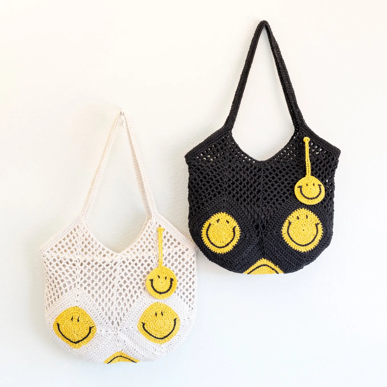 Elena Handbags Cotton Crochet Handmade Shoulder Bag with Smiley Face Design