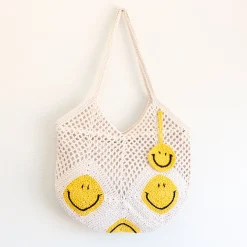 Elena Handbags Cotton Crochet Handmade Shoulder Bag with Smiley Face Design