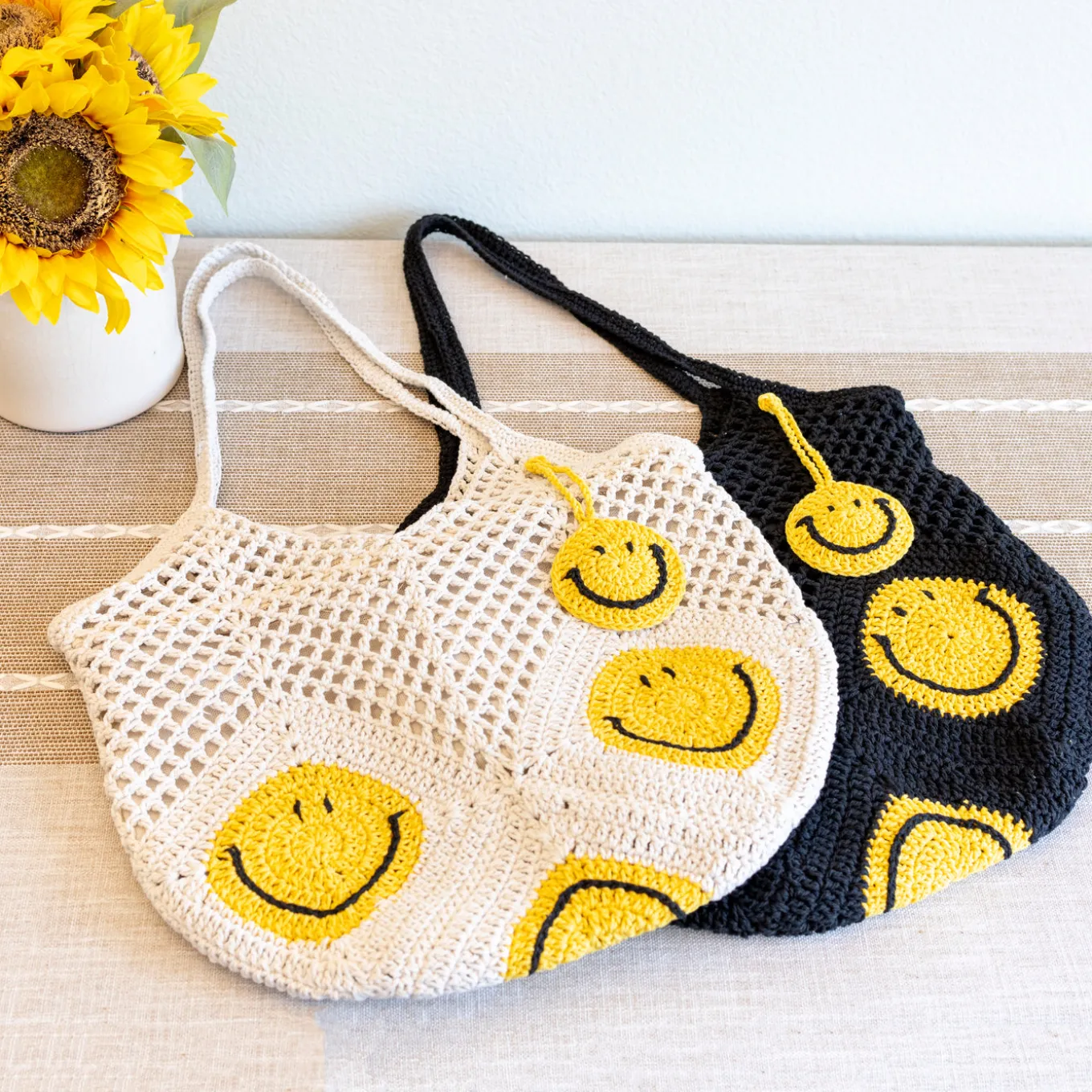 Elena Handbags Cotton Crochet Handmade Shoulder Bag with Smiley Face Design