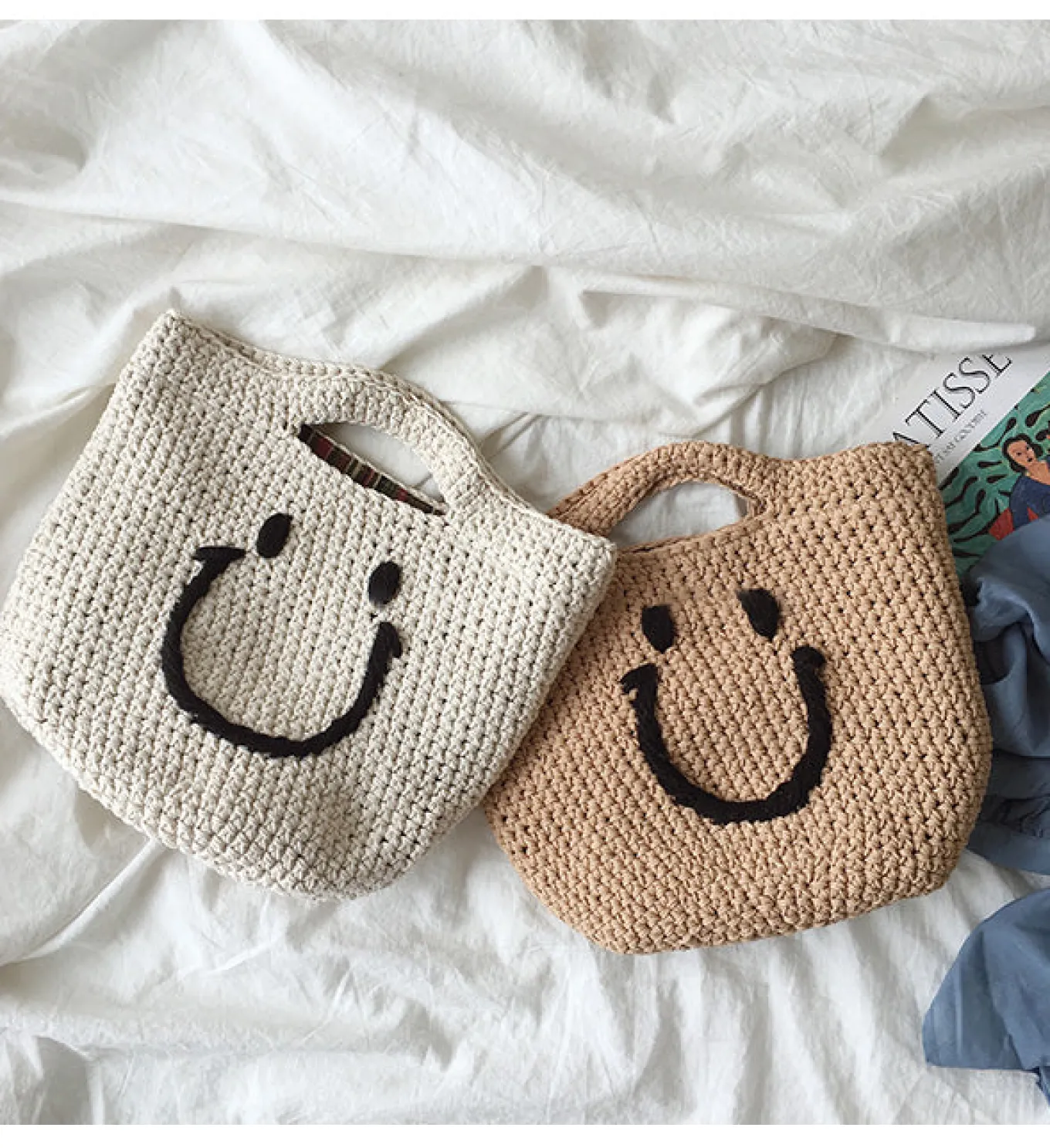 Elena Handbags Cotton Knitted Smiley Face Bag