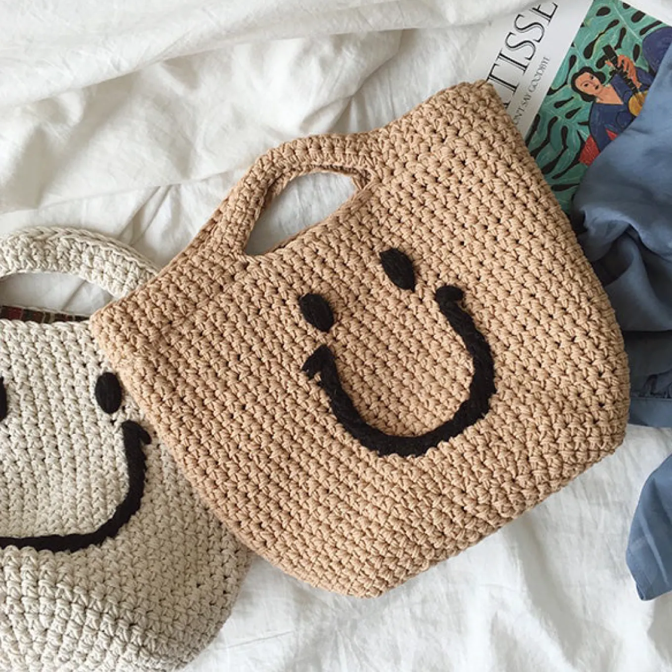 Elena Handbags Cotton Knitted Smiley Face Bag
