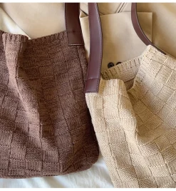 Elena Handbags Cotton Knitted Sweater Shoulder Bag with Leather Strap