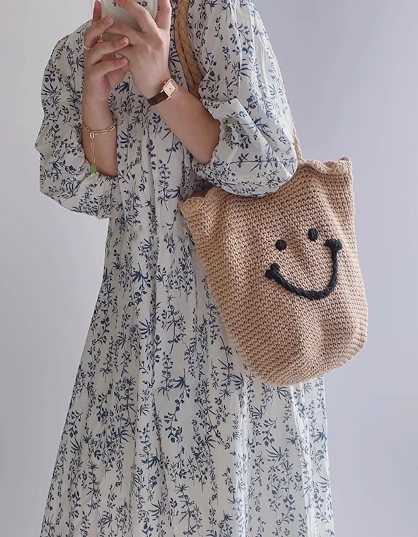Elena Handbags Cotton Knit Smiley Face Shoulder Bag