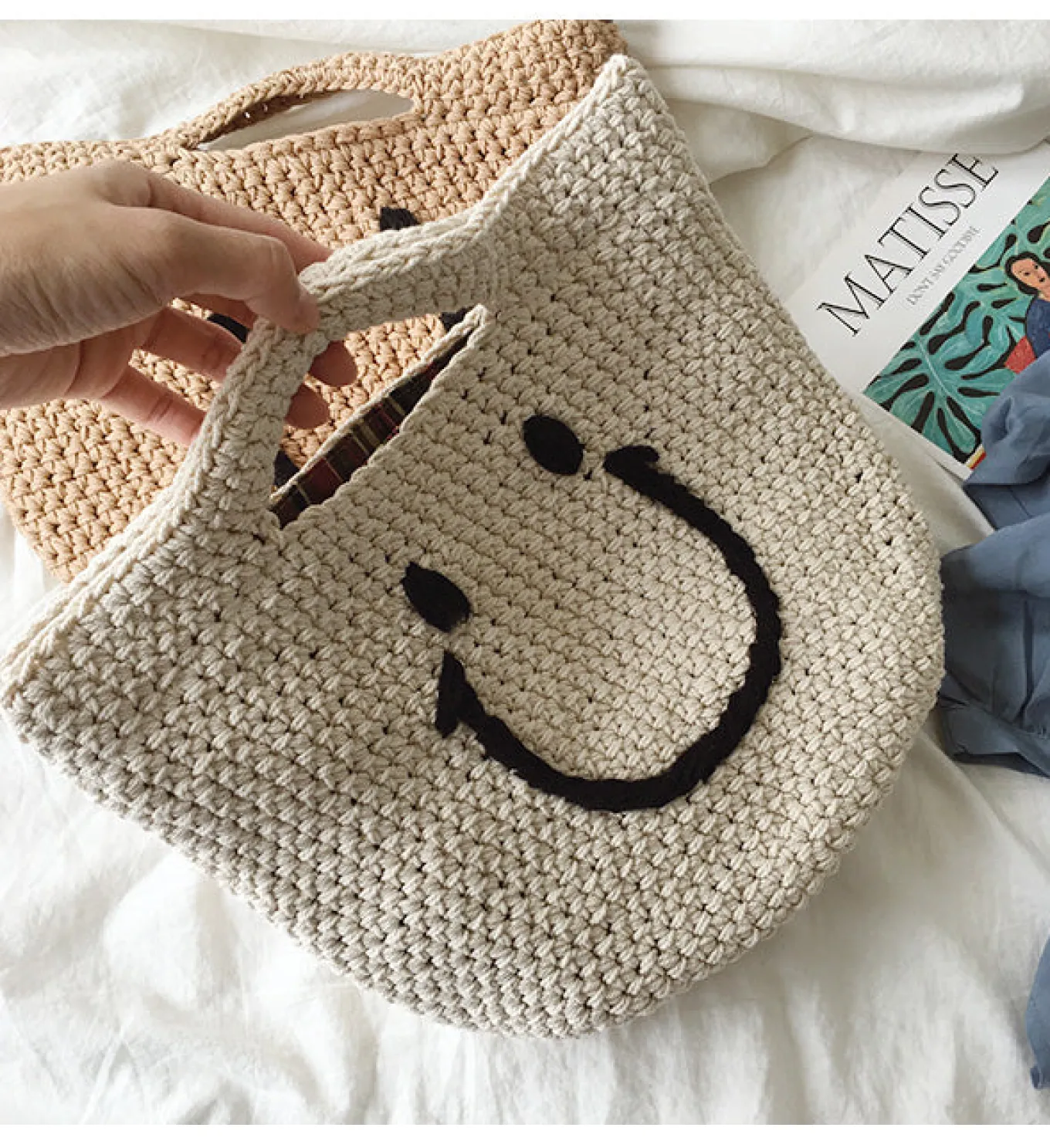 Elena Handbags Cotton Knitted Smiley Face Bag