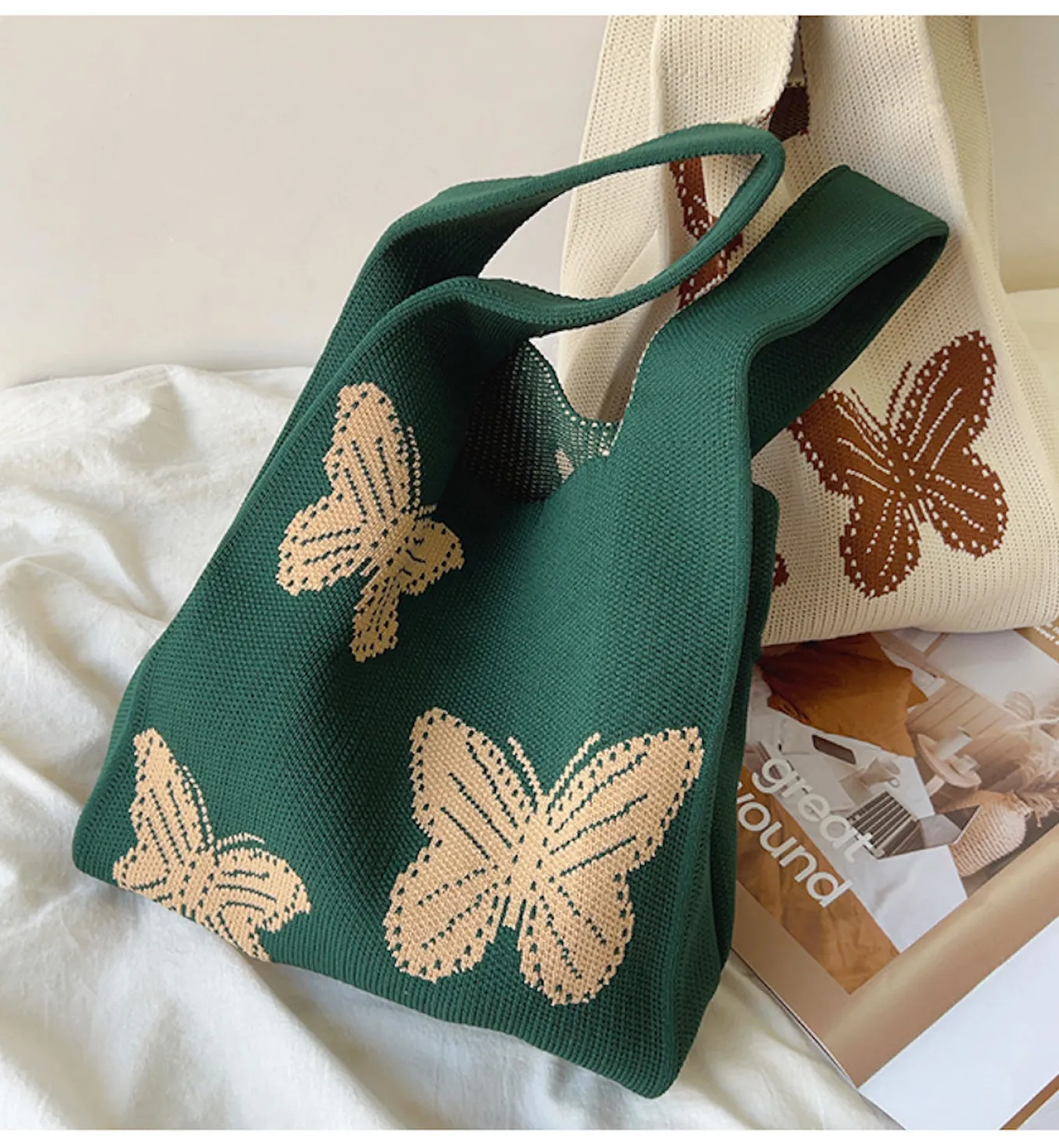 Elena Handbags Cotton Knitted Butterfly Top Handle Bag