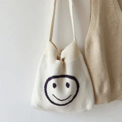 Elena Handbags Cotton Knitted Shoulder Bag with Smiley Face