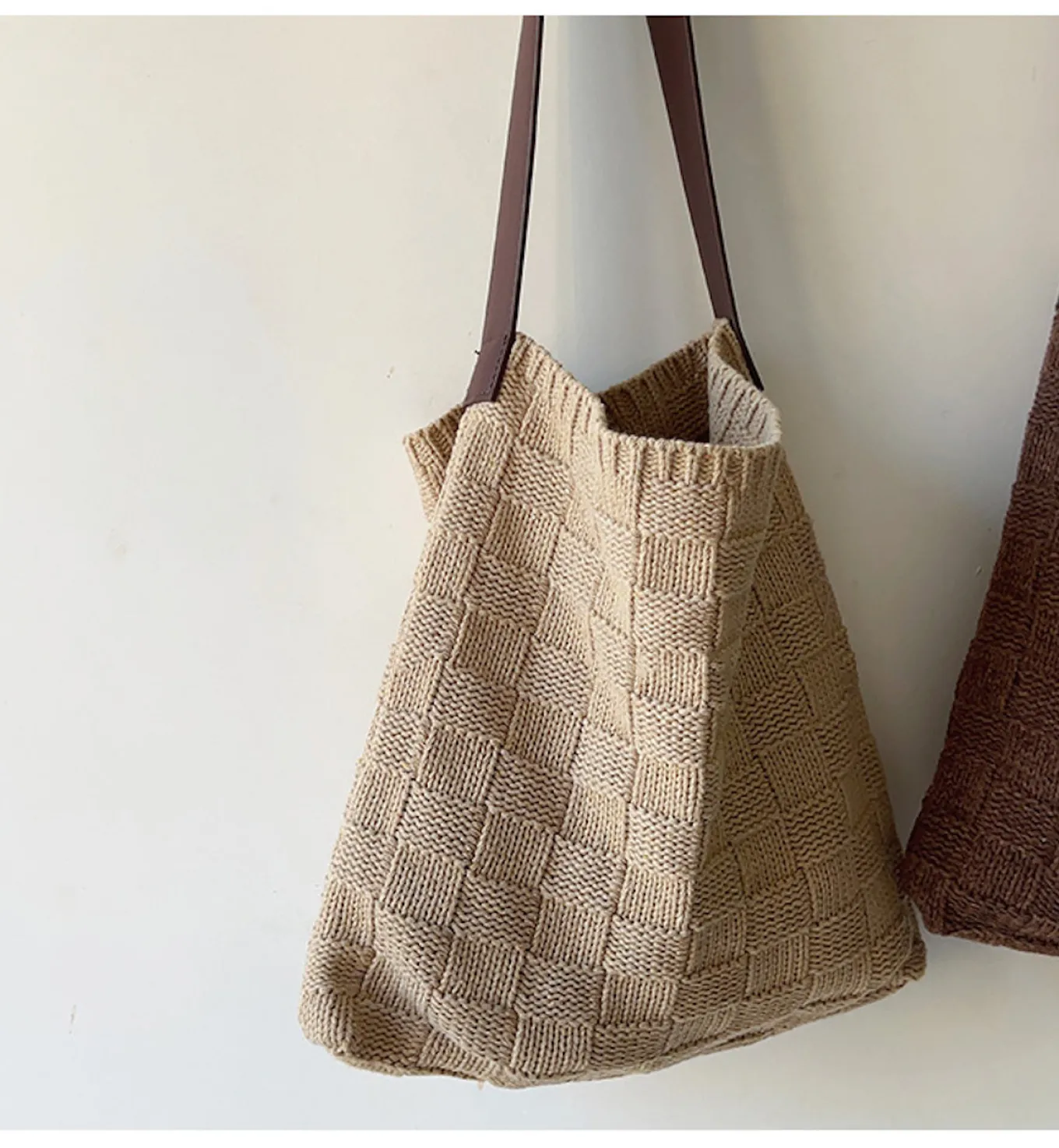 Elena Handbags Cotton Knitted Sweater Shoulder Bag with Leather Strap