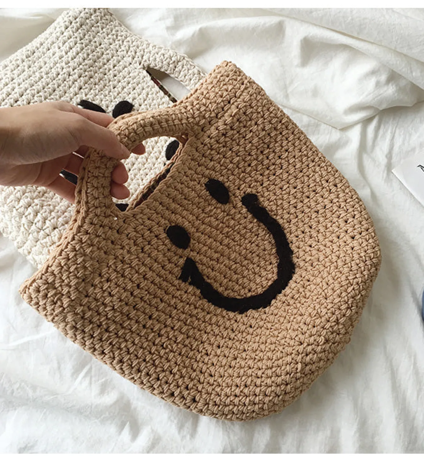 Elena Handbags Cotton Knitted Smiley Face Bag