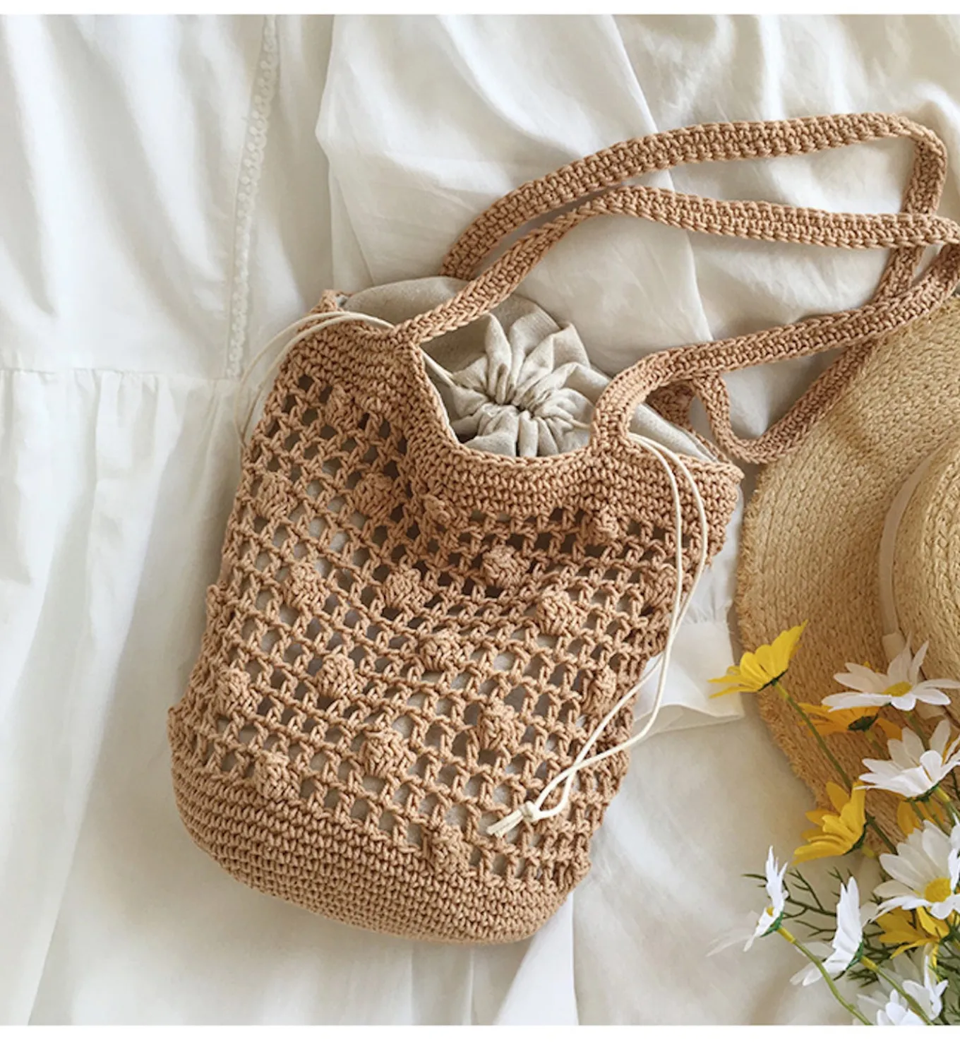 Elena Handbags Crochet Cotton Bucket Shoulder Bag