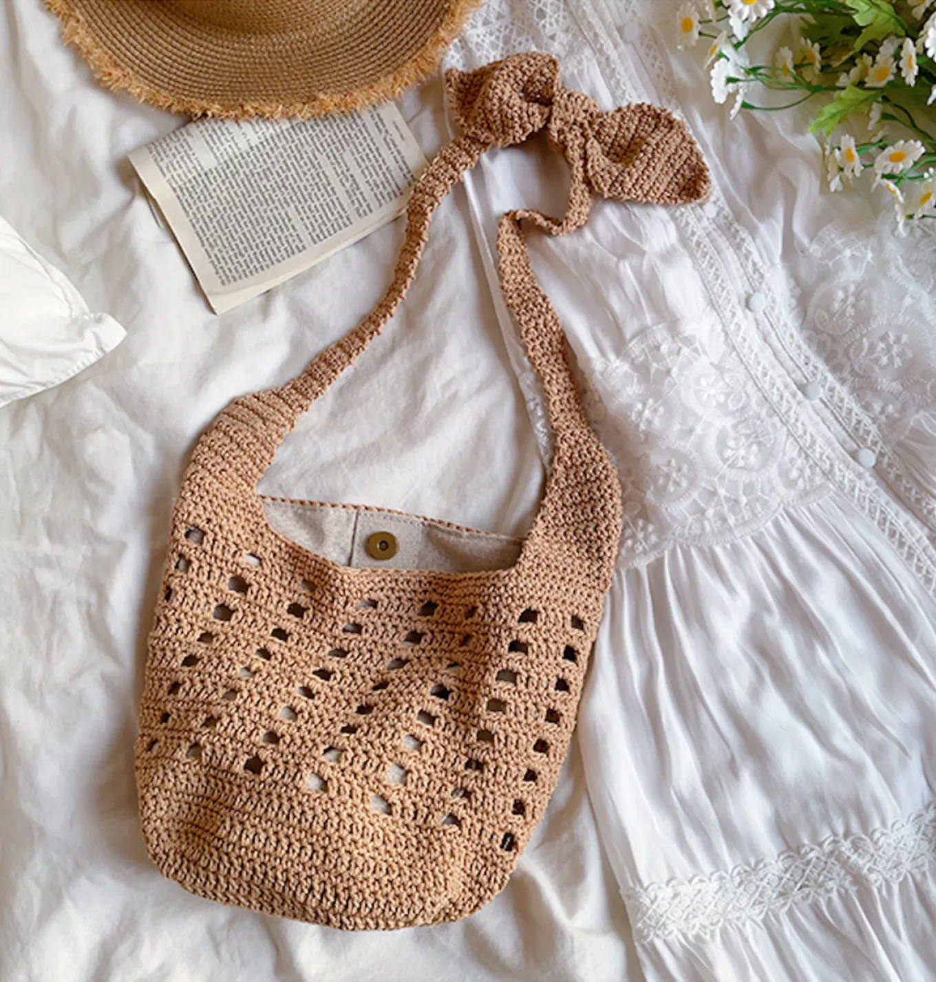 Elena Handbags Crochet Cotton Bucket Shoulder Bag
