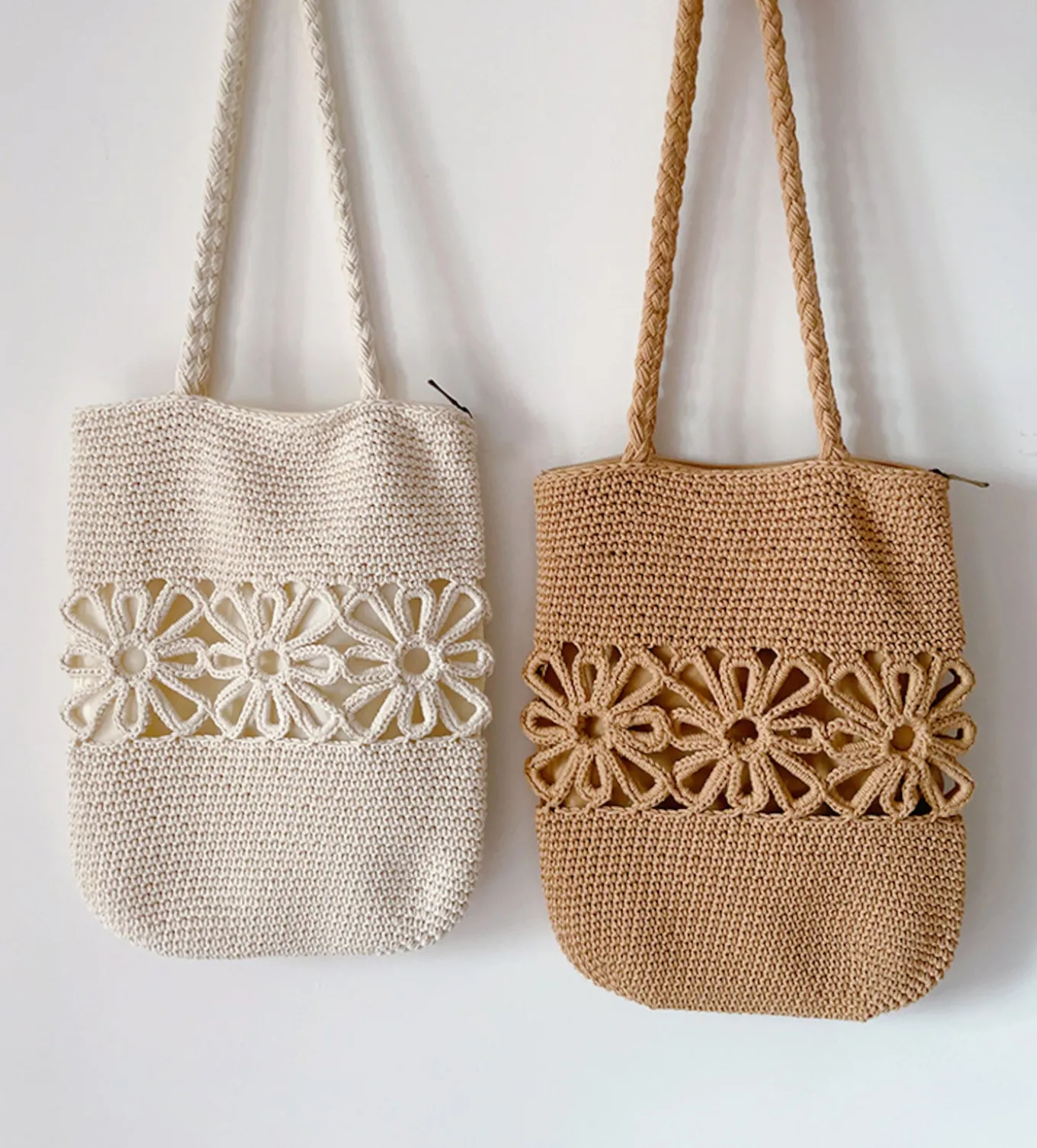 Elena Handbags Crochet Medium Cotton Bag with Floral Design