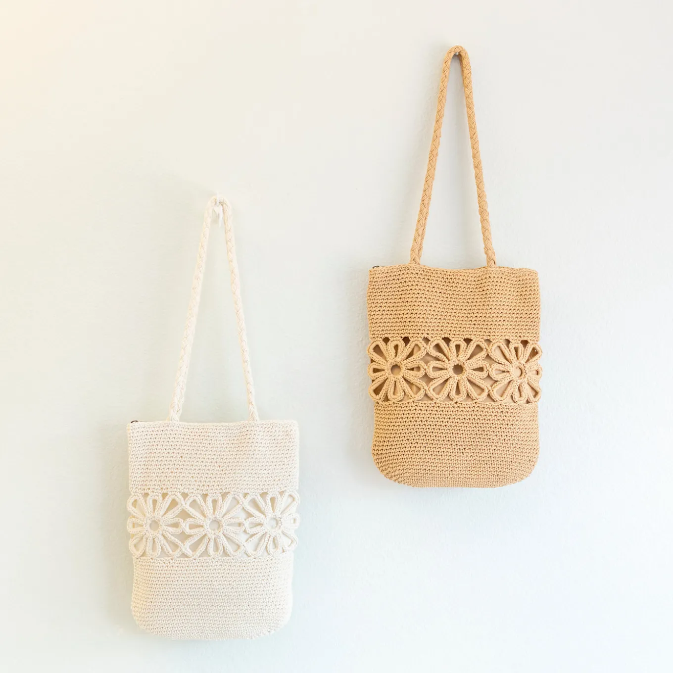Elena Handbags Crochet Medium Cotton Bag with Floral Design