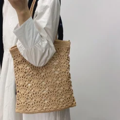 Elena Handbags Crochet Medium Cotton Knitted Top Handle Bag with Floral Design