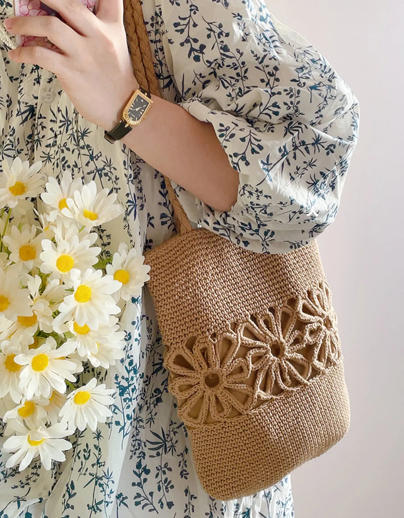 Elena Handbags Crochet Medium Cotton Bag with Floral Design