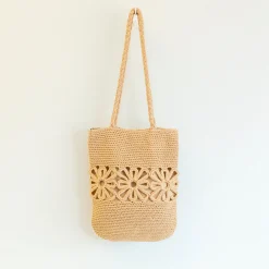 Elena Handbags Crochet Medium Cotton Bag with Floral Design