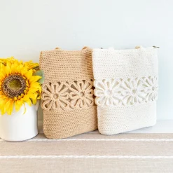 Elena Handbags Crochet Medium Cotton Bag with Floral Design