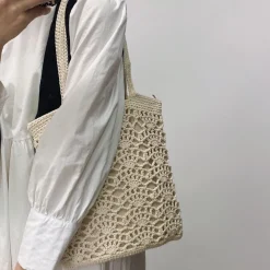 Elena Handbags Crochet Medium Cotton Knitted Top Handle Bag with Floral Design
