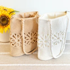 Elena Handbags Crochet Medium Cotton Bag with Floral Design
