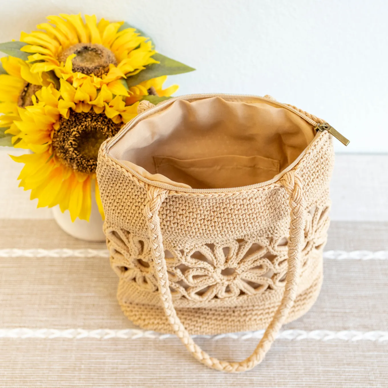 Elena Handbags Crochet Medium Cotton Bag with Floral Design