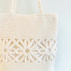 Elena Handbags Crochet Medium Cotton Bag with Floral Design