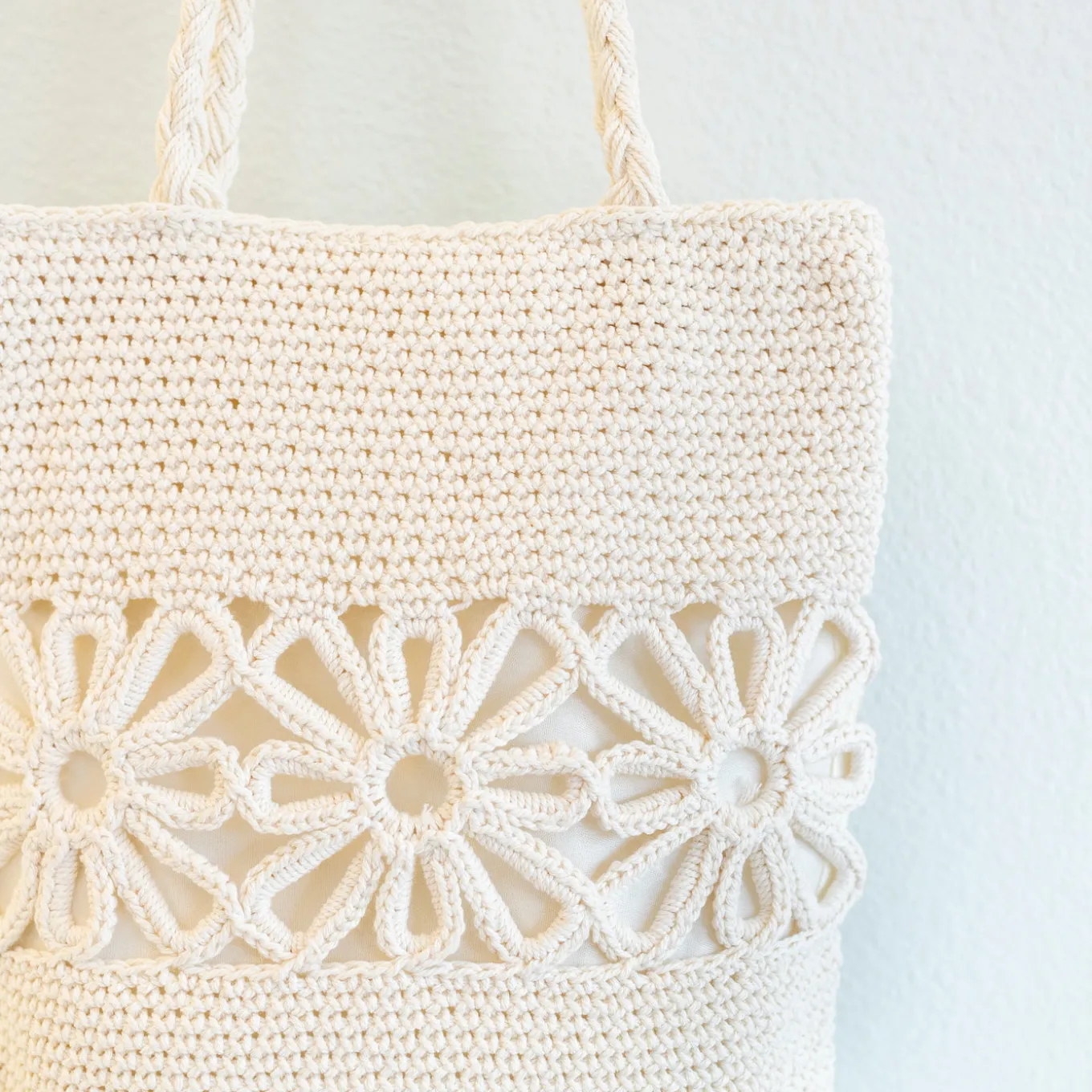 Elena Handbags Crochet Medium Cotton Bag with Floral Design