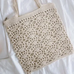 Elena Handbags Crochet Medium Cotton Knitted Top Handle Bag with Floral Design