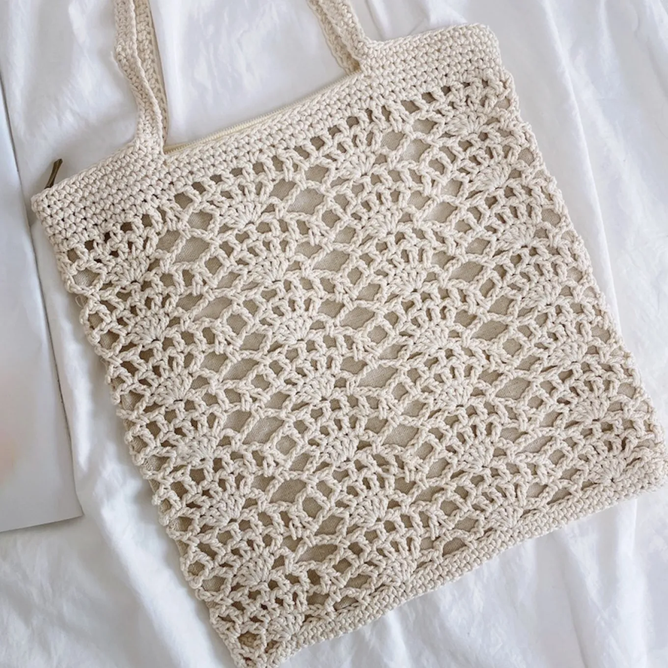Elena Handbags Crochet Medium Cotton Knitted Top Handle Bag with Floral Design