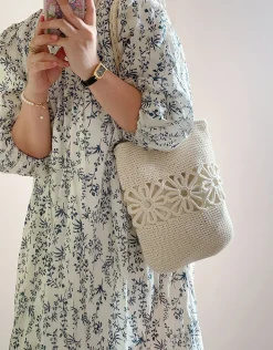 Elena Handbags Crochet Medium Cotton Bag with Floral Design