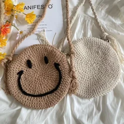 Elena Handbags Crochet Smiley Face Round Bag