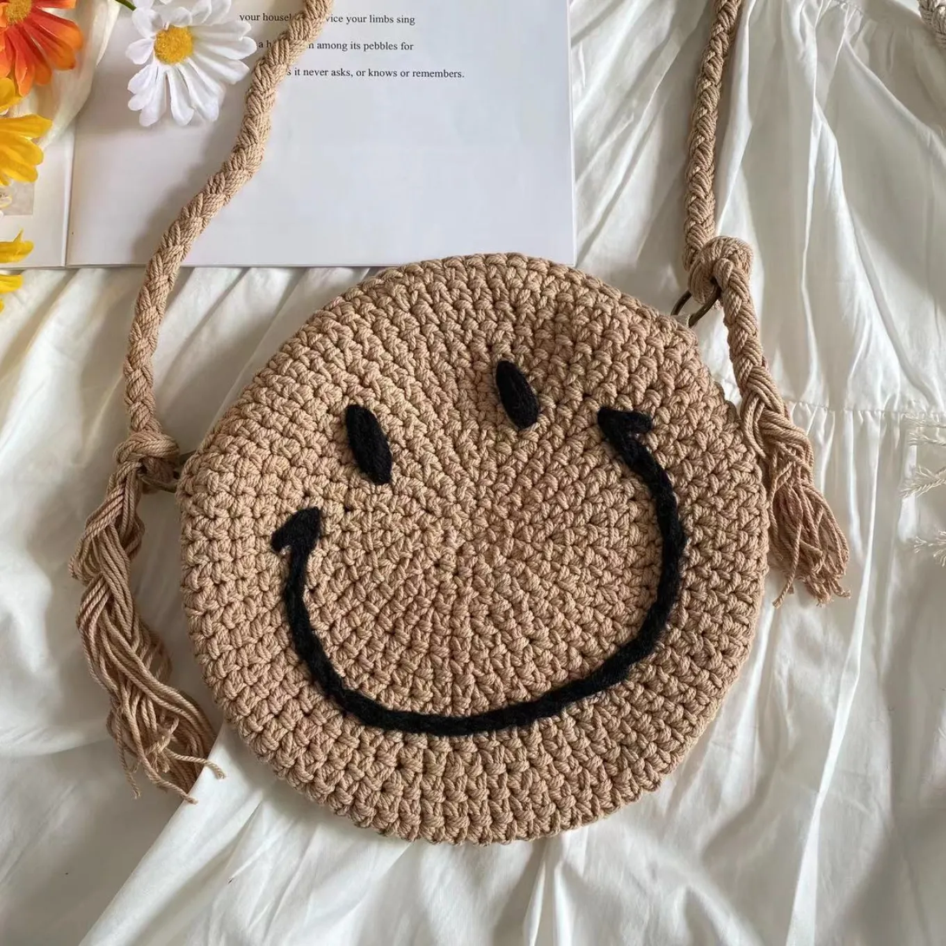 Elena Handbags Crochet Smiley Face Round Bag