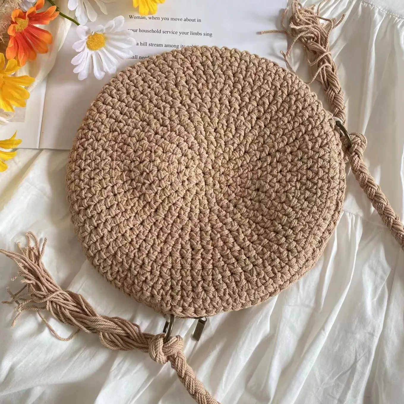 Elena Handbags Crochet Smiley Face Round Bag