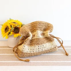 Elena Handbags Fashion Stripe Straw Drawstring Bag