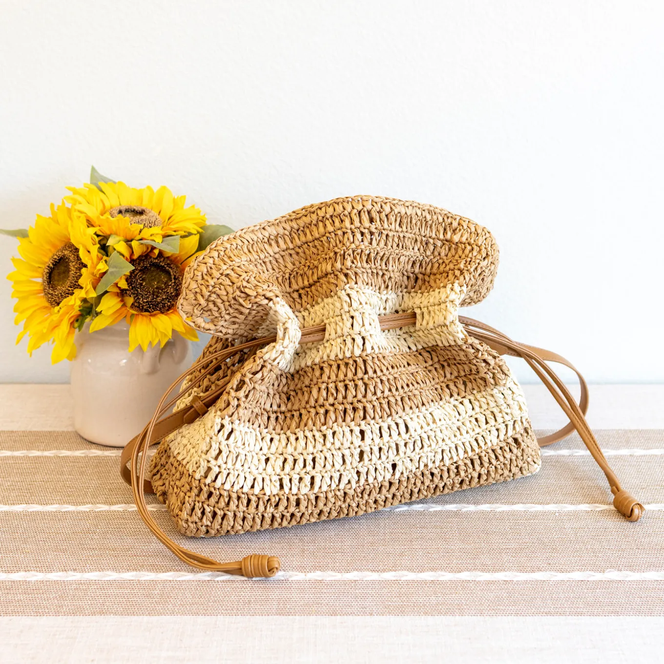 Elena Handbags Fashion Stripe Straw Drawstring Bag