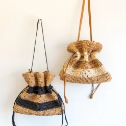 Elena Handbags Fashion Stripe Straw Drawstring Bag