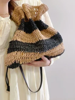 Elena Handbags Fashion Stripe Straw Drawstring Bag