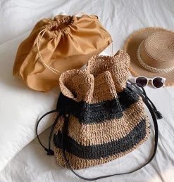 Elena Handbags Fashion Stripe Straw Drawstring Bag
