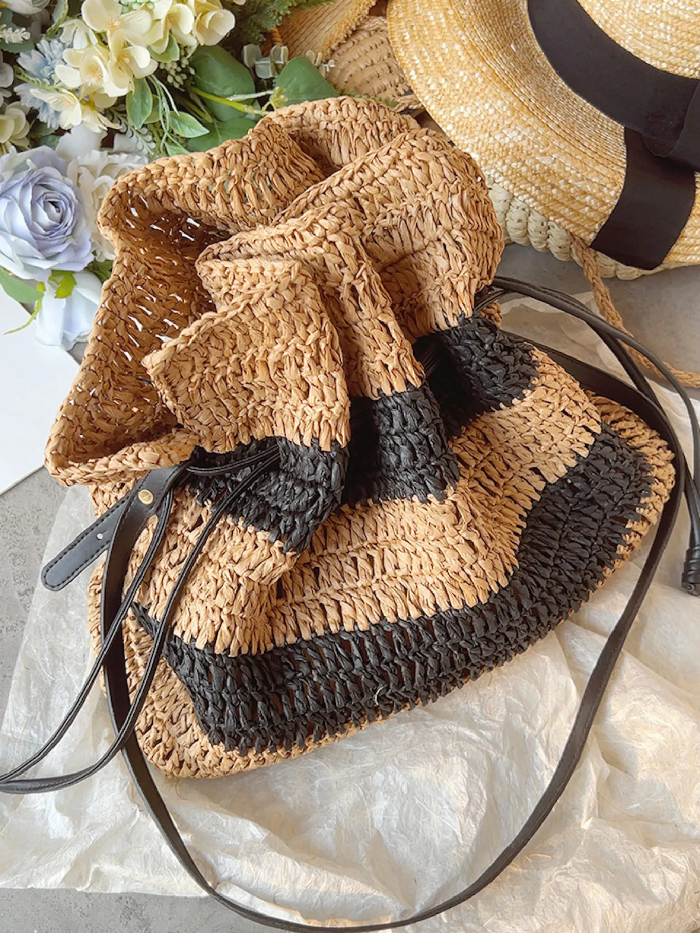 Elena Handbags Fashion Stripe Straw Drawstring Bag