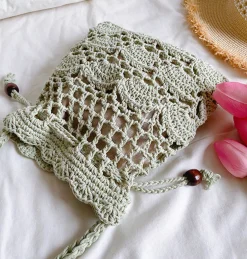 Elena Handbags Floral Cotton Knitted Shoulder Drawstring Bag with Tassel