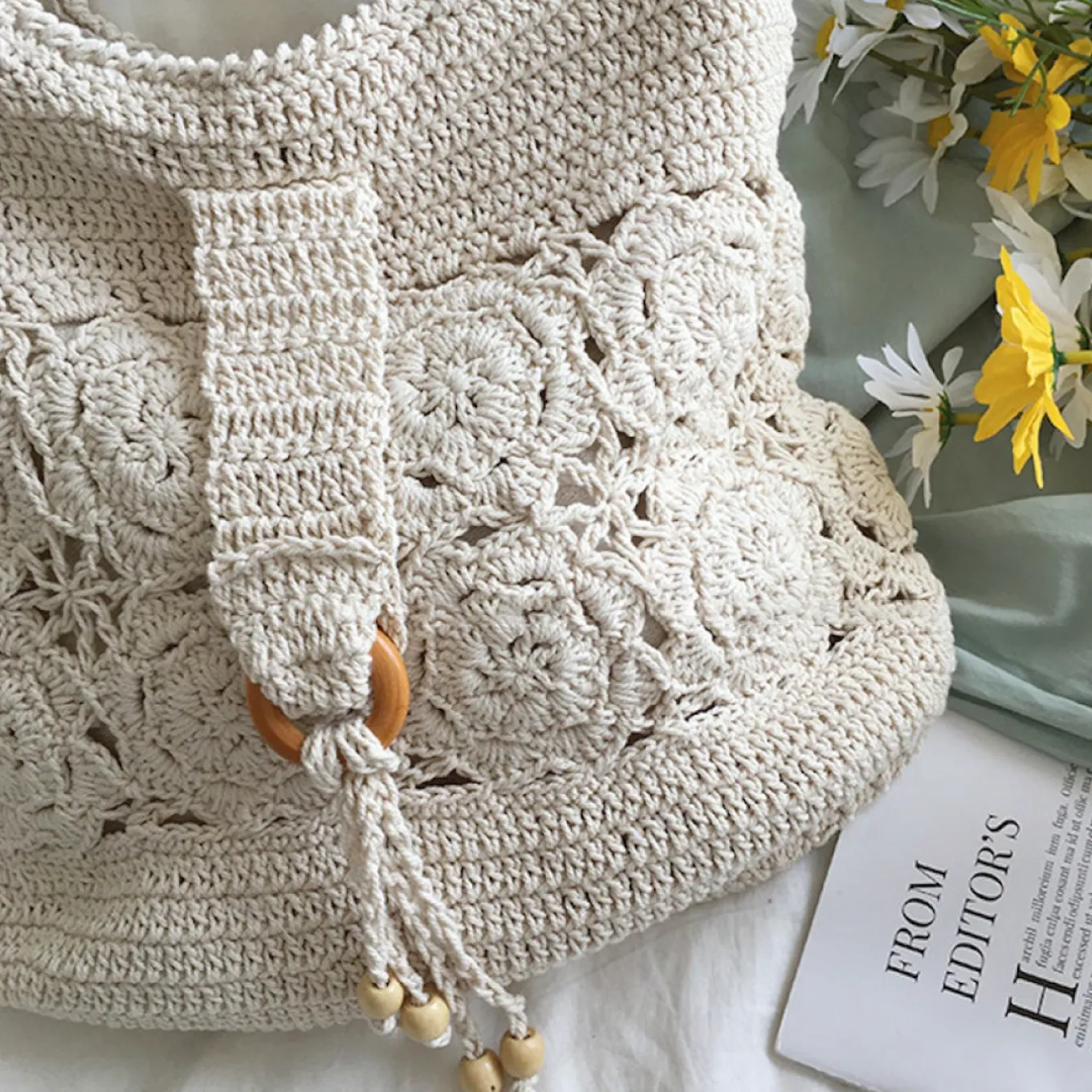 Elena Handbags Floral Cotton Knitted Shoulder Bag
