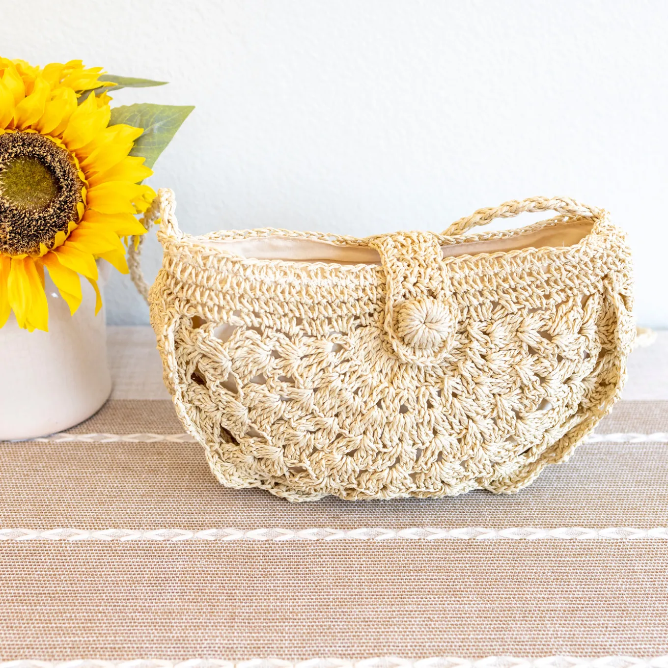 Elena Handbags Floral Crescent Straw Crossbody Bag with Long Strap