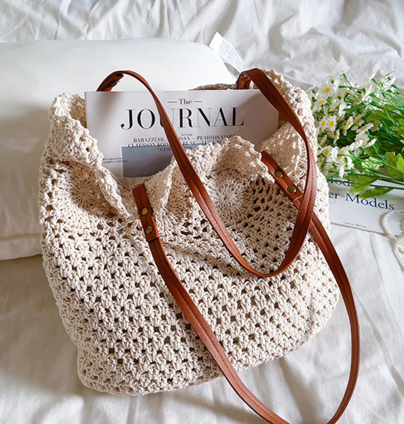 Elena Handbags Floral Design Cotton Knitted Shoulder Bag
