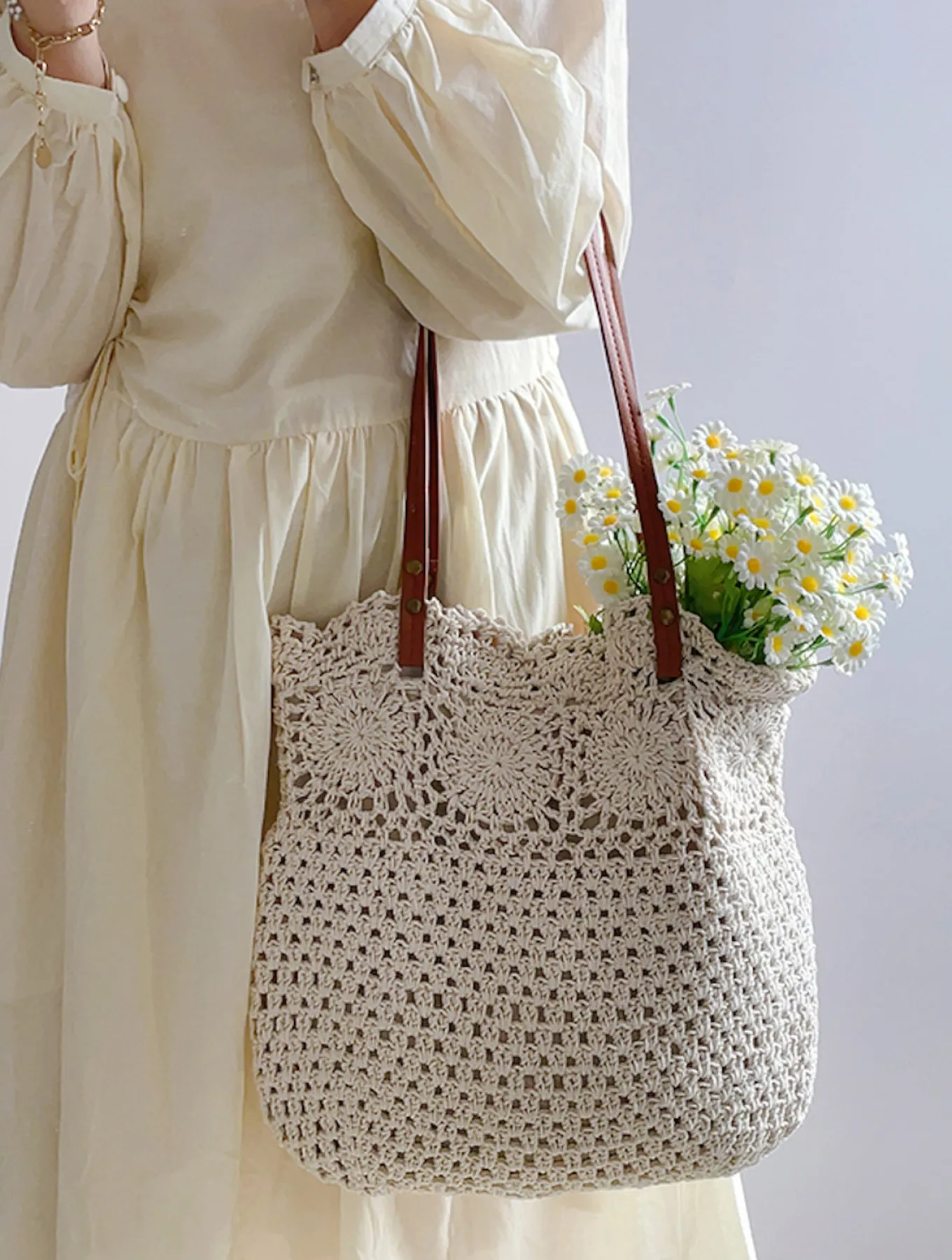 Elena Handbags Floral Design Cotton Knitted Shoulder Bag