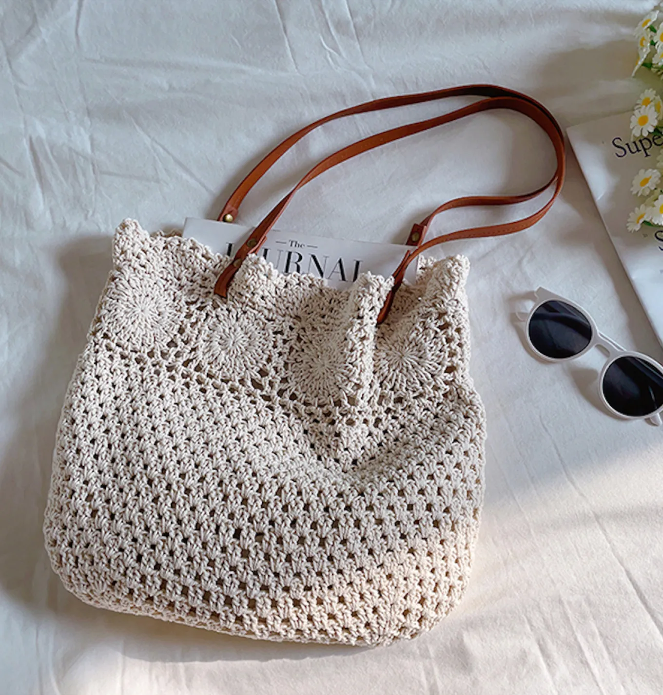 Elena Handbags Floral Design Cotton Knitted Shoulder Bag