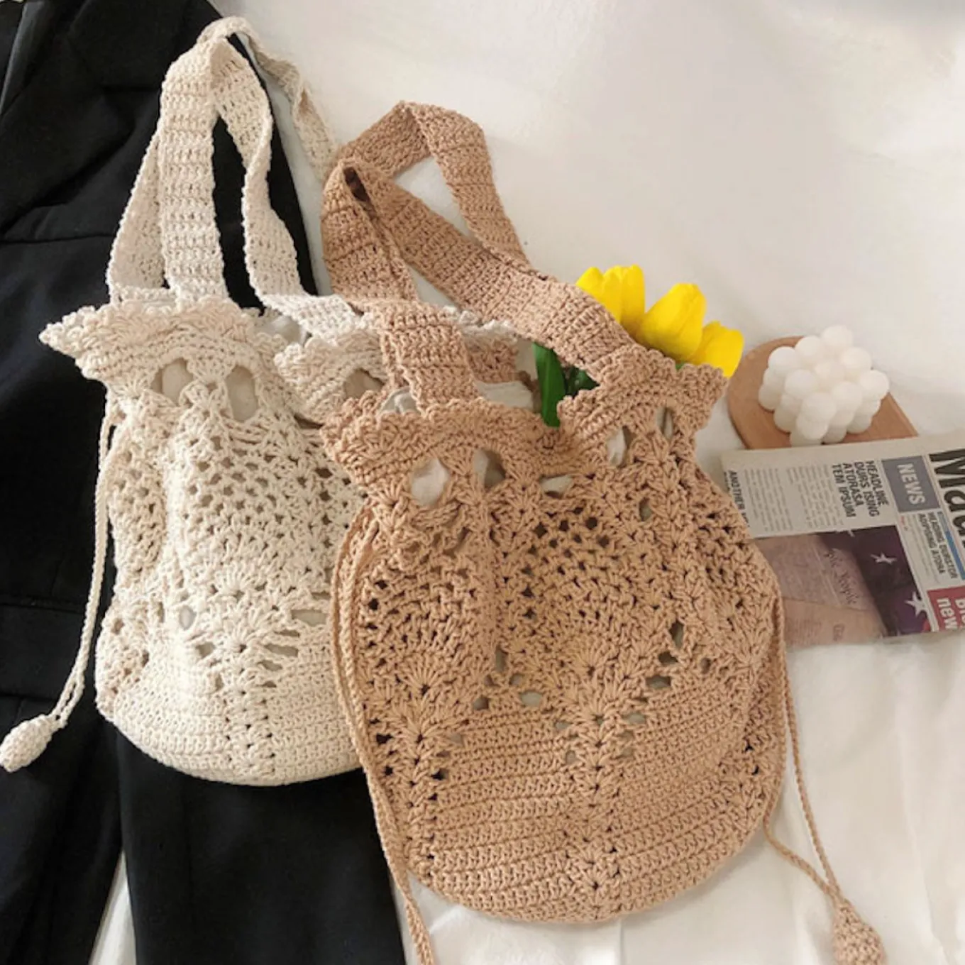 Elena Handbags Floral Knitted Bucket Bag