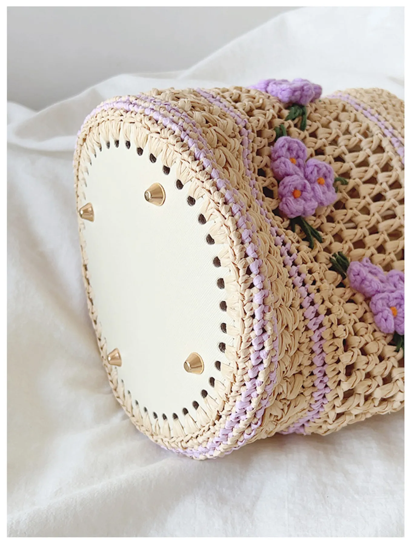 Elena Handbags Floral Raffia Shoulder Bucket Bag Lavender Straw Bag